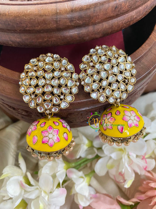 Kundan Stud Meenakari Jhumkas-Yellow-G4988