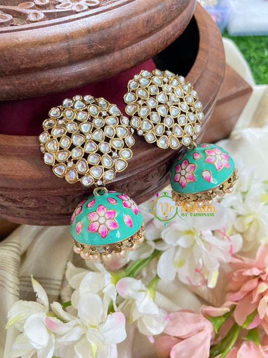 Kundan Stud Meenakari Jhumkas-Sky-G4989