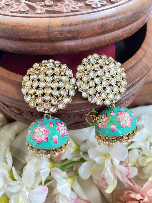 Kundan Stud Meenakari Jhumkas-Sky-G4989