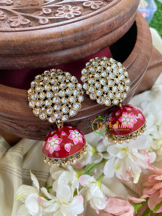 Kundan Stud Meenakari Jhumkas-Red-G4990