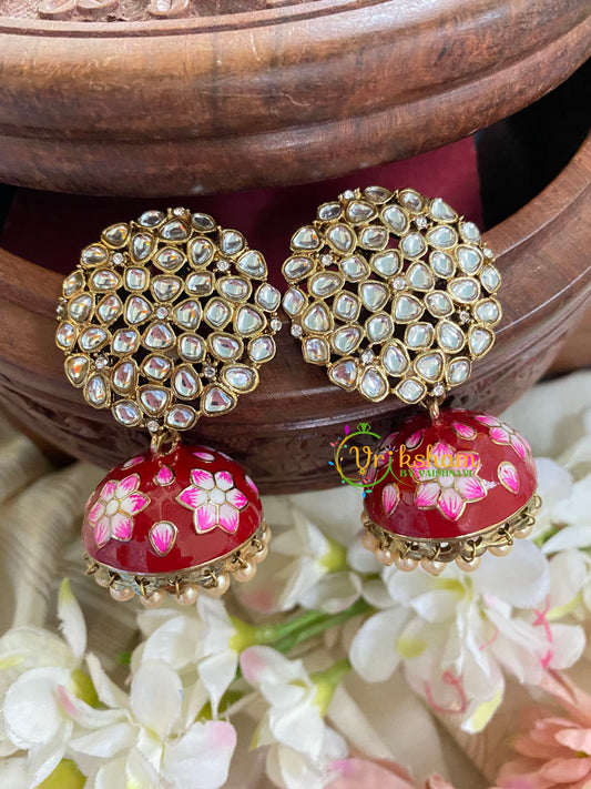 Kundan Stud Meenakari Jhumkas-Red-G4990