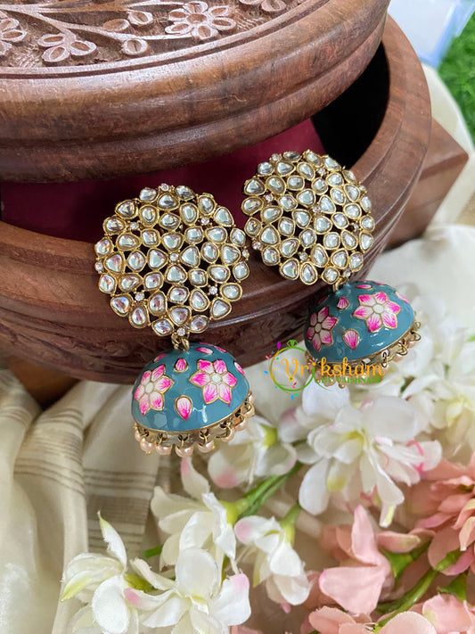 Kundan Stud Meenakari Jhumkas-Grey Blue-G4991