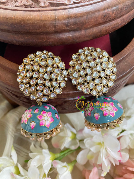 Kundan Stud Meenakari Jhumkas-Grey Blue-G4991