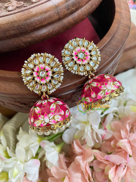 Floral Kundan Meenakari Jhumkas-Red-G5045