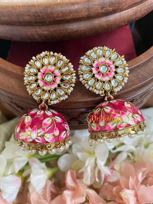 Floral Kundan Meenakari Jhumkas-Red-G5045