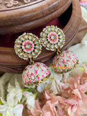 Floral Kundan Meenakari Jhumkas-Pale White-G5046