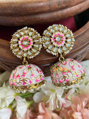 Floral Kundan Meenakari Jhumkas-Pale White-G5046