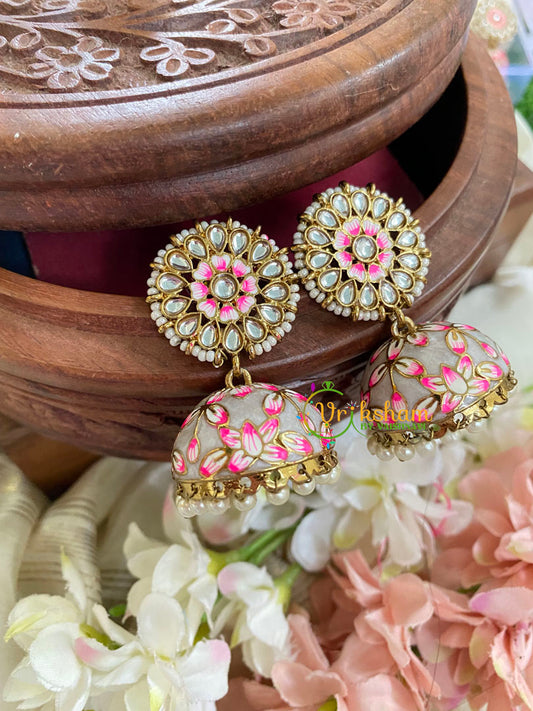 Floral Kundan Meenakari Jhumkas-Grey-G5047