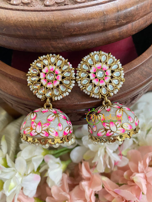 Floral Kundan Meenakari Jhumkas-Grey-G5047