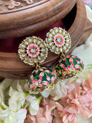 Floral Kundan Meenakari Jhumkas-Green-G5048