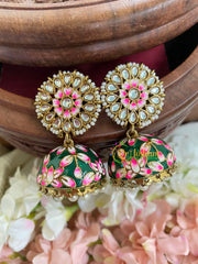 Floral Kundan Meenakari Jhumkas-Green-G5048