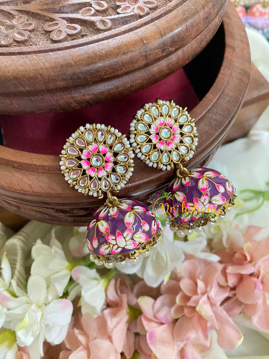 Floral Kundan Meenakari Jhumkas-Purple-G5049