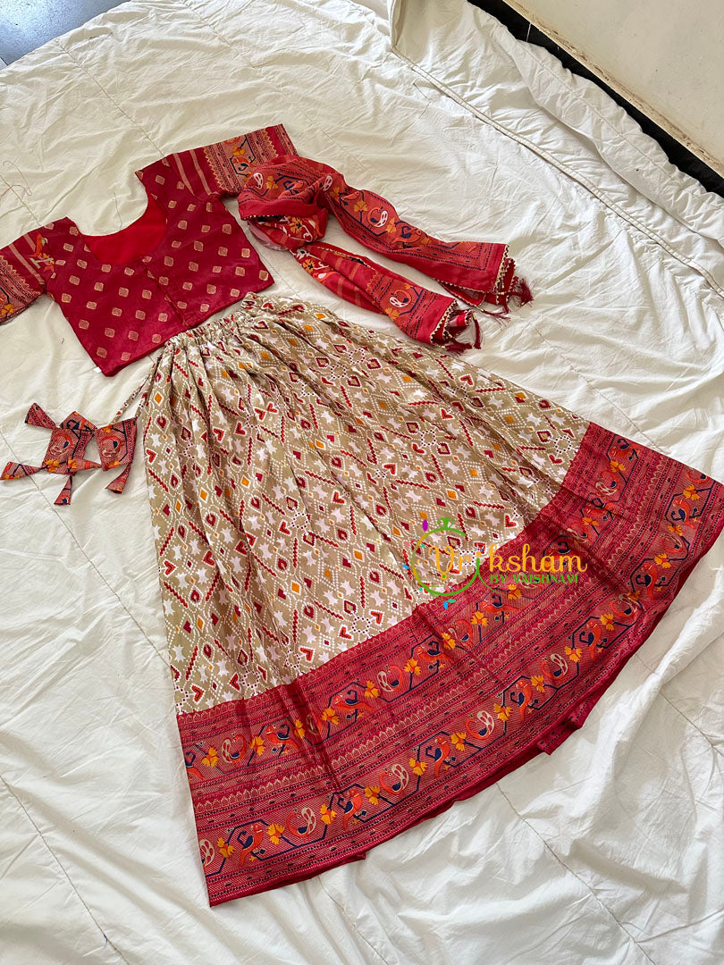 Red and Beige Indian Traditional Girls Lehenga Set -VS803