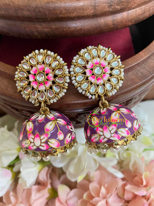 Floral Kundan Meenakari Jhumkas-Purple-G5049