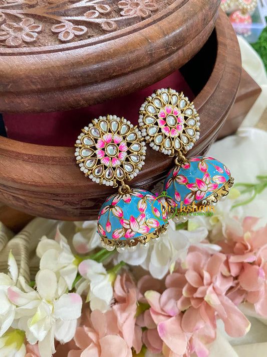 Floral Kundan Meenakari Jhumkas-Sky-G5050