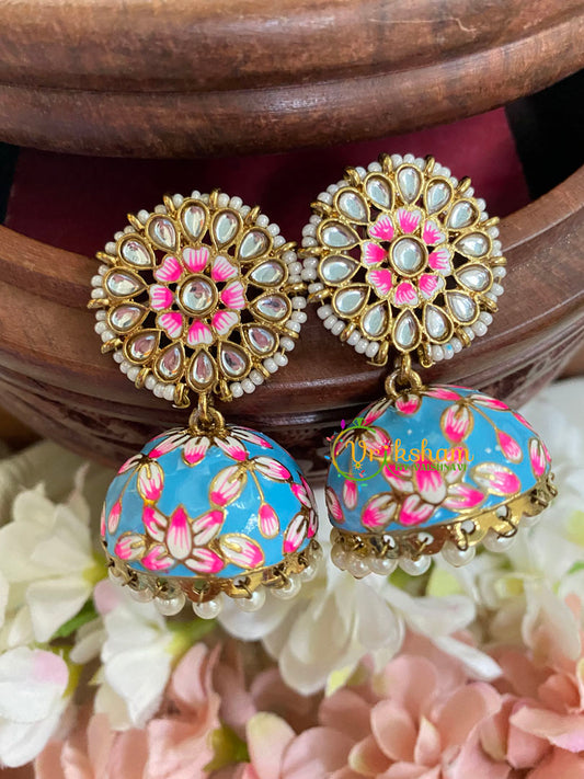 Floral Kundan Meenakari Jhumkas-Sky-G5050