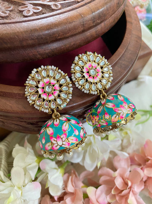 Floral Kundan Meenakari Jhumkas-Teal-G5051