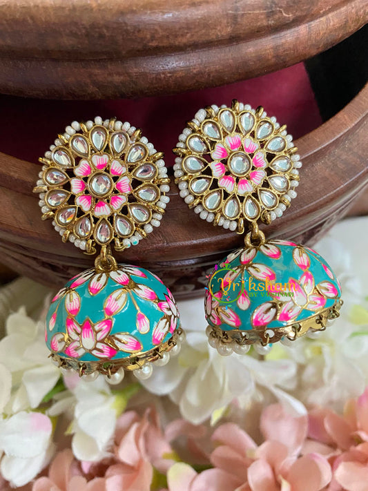 Floral Kundan Meenakari Jhumkas-Teal-G5051