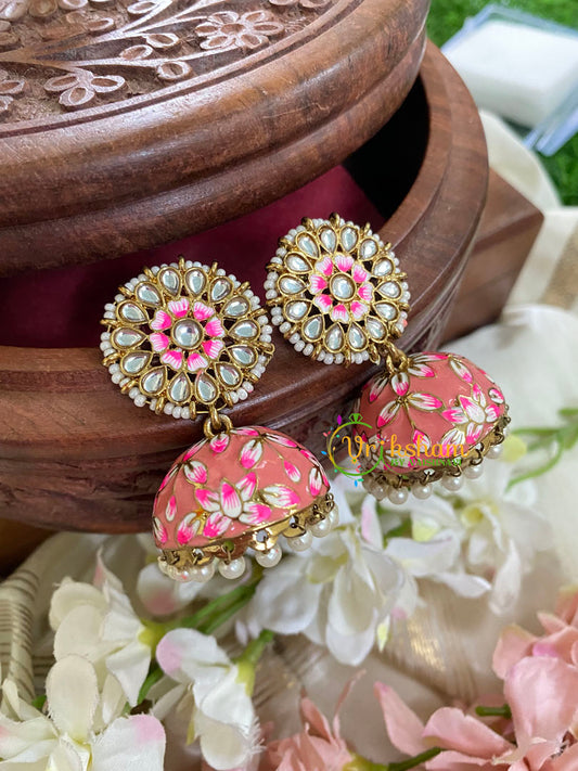 Floral Kundan Meenakari Jhumkas-Coral-G5052