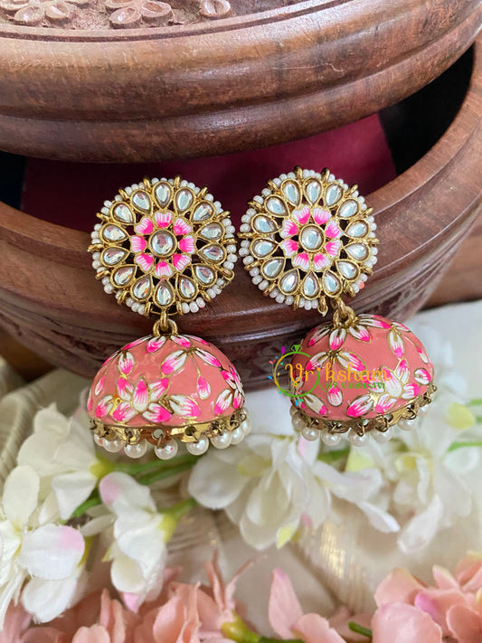 Floral Kundan Meenakari Jhumkas-Coral-G5052