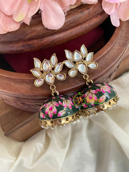 Lotus Kundan Stud Meenakari Jhumkas-Dark Green-G4992