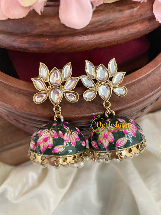 Lotus Kundan Stud Meenakari Jhumkas-Dark Green-G4992