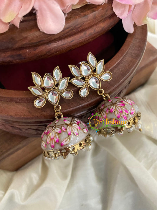 Lotus Kundan Stud Meenakari Jhumkas-Grey-G4993