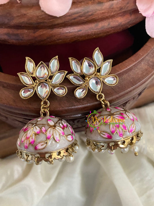 Lotus Kundan Stud Meenakari Jhumkas-Grey-G4993