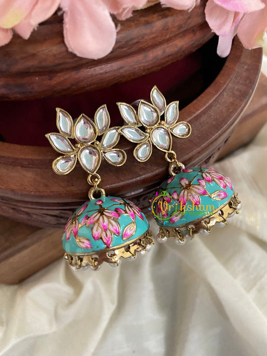 Lotus Kundan Stud Meenakari Jhumkas-Teal-G4994