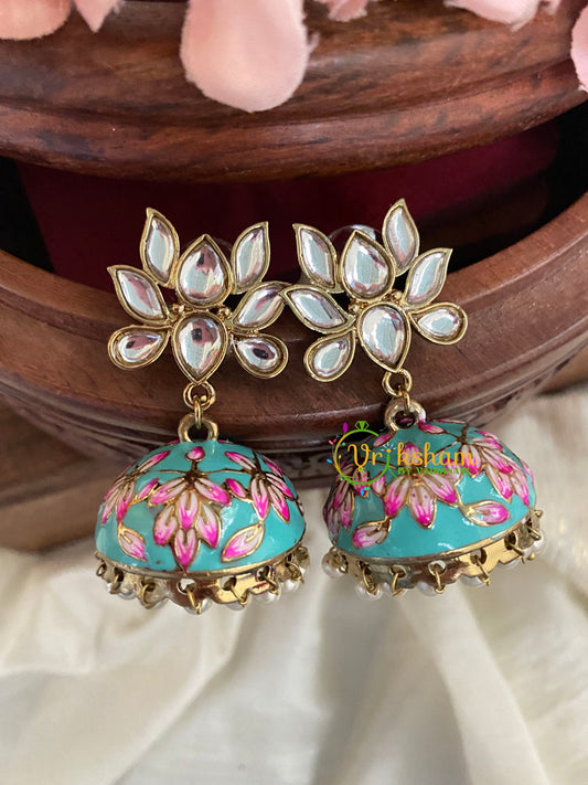 Lotus Kundan Stud Meenakari Jhumkas-Teal-G4994