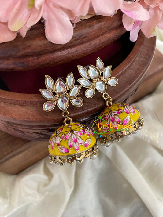 Lotus Kundan Stud Meenakari Jhumkas-Yellow-G4995