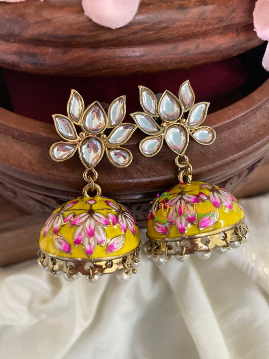 Lotus Kundan Stud Meenakari Jhumkas-Yellow-G4995