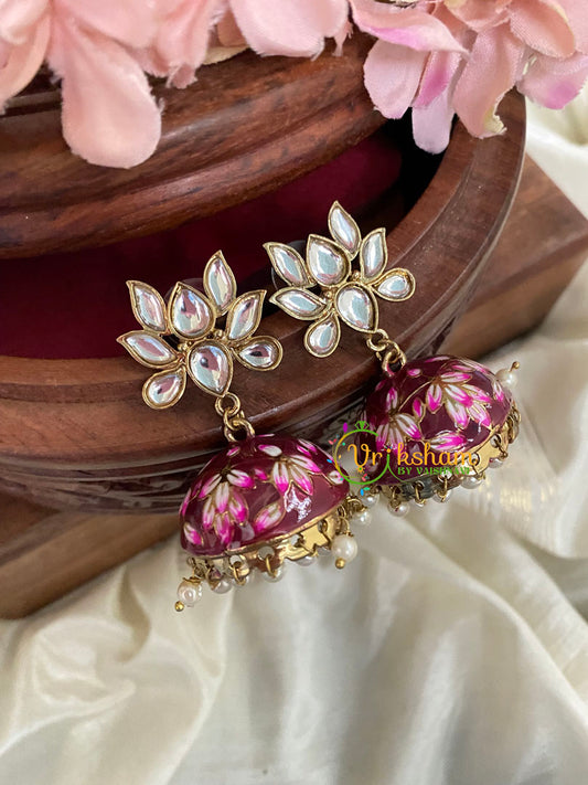 Lotus Kundan Stud Meenakari Jhumkas-Maroon-G4997