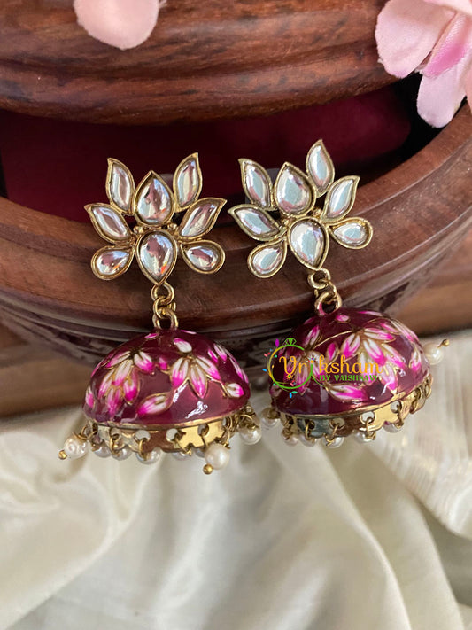 Lotus Kundan Stud Meenakari Jhumkas-Maroon-G4997