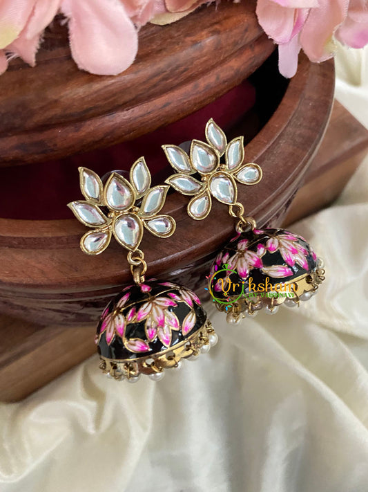 Lotus Kundan Stud Meenakari Jhumkas-Black-G4998