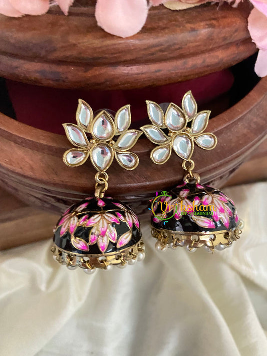 Lotus Kundan Stud Meenakari Jhumkas-Black-G4998