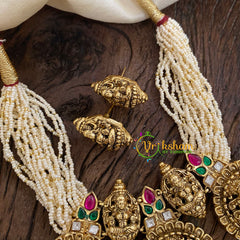 Jadau Kundan Layered Pearl Lakshmi Short Neckpiece -3 Pendant-J1345