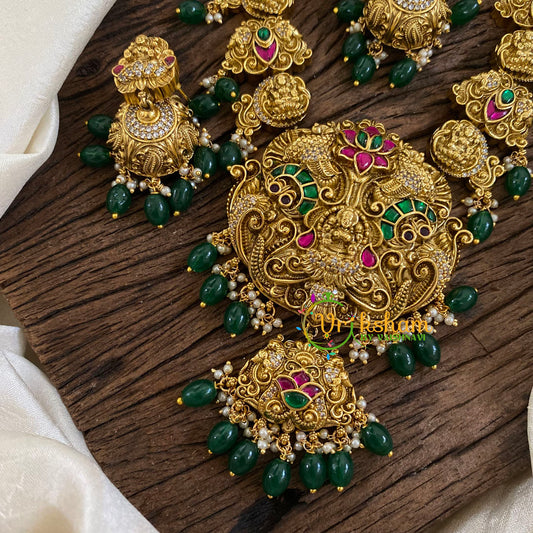 Precious Jadau Kundan Lakshmi Mid Length Shorter Neckpiece - Green Bead-J1364