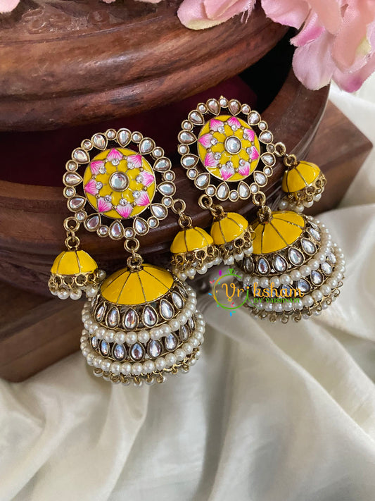 Festive Kundan Meenakari Jhumkas-Yellow-G5044