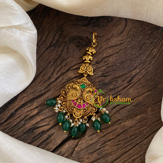 Precious Jadau Kundan Maang Tikka -Peacock-Green Bead-J1285