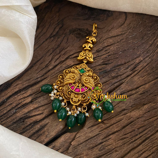 Precious Jadau Kundan Maang Tikka -Peacock-Green Bead-J1285