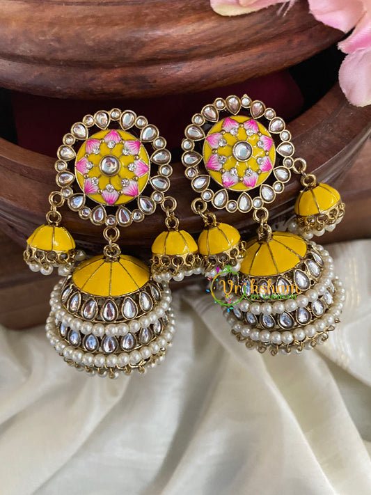 Festive Kundan Meenakari Jhumkas-Yellow-G5044