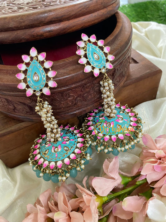 Cluster Pearl Meenakari Long Jhumkas-Sky-G5054