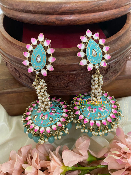 Cluster Pearl Meenakari Long Jhumkas-Sky-G5054