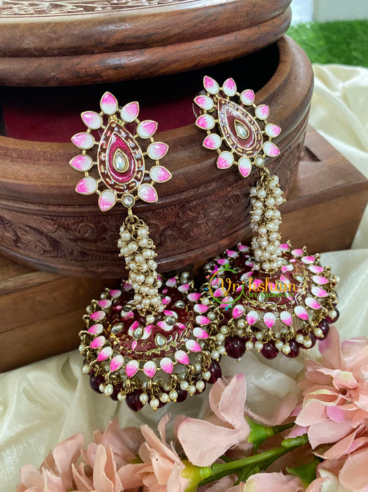 Cluster Pearl Meenakari Long Jhumkas-Maroon-G5055