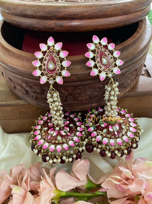 Cluster Pearl Meenakari Long Jhumkas-Maroon-G5055