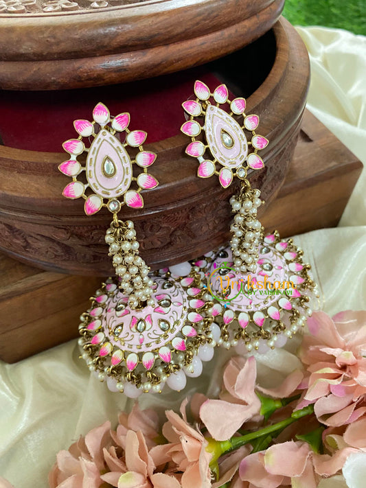 Cluster Pearl Meenakari Long Jhumkas-White Pink-G5056