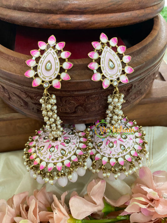 Cluster Pearl Meenakari Long Jhumkas-White Pink-G5056