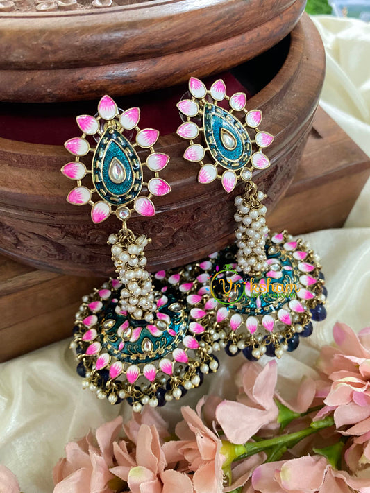 Cluster Pearl Meenakari Long Jhumkas-blue-G5057