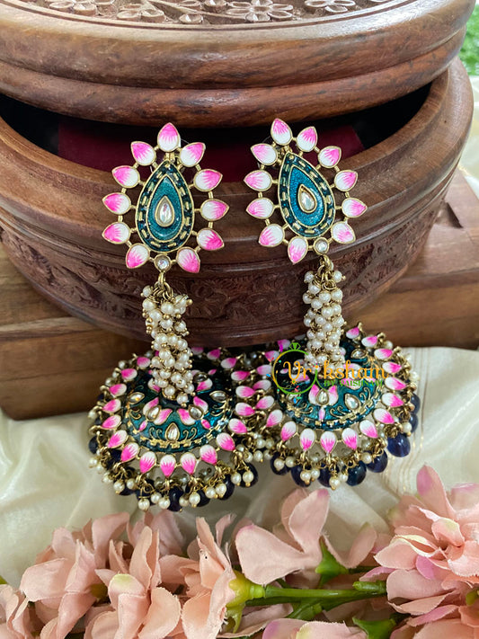 Cluster Pearl Meenakari Long Jhumkas-blue-G5057